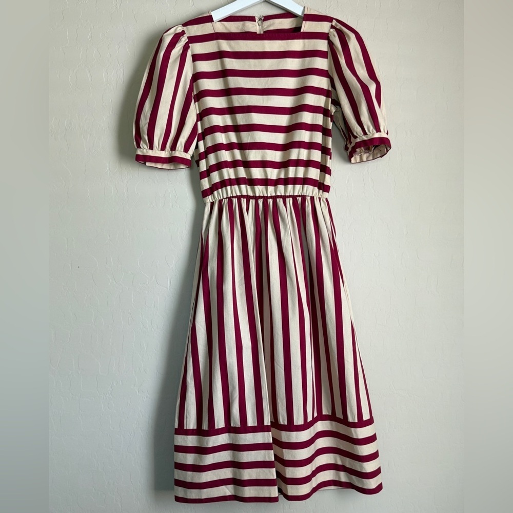 Vintage David Warren Midi Dress Fit N Flare A Line Red Striped Tomato Girl XS